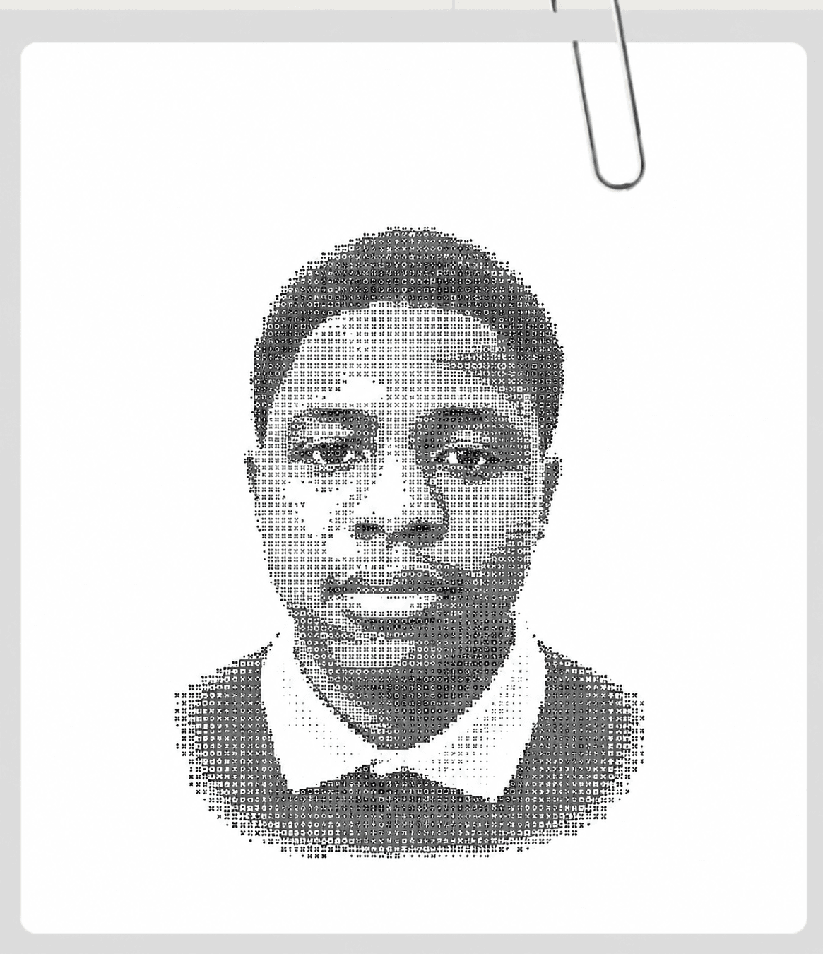 Halftone portrait of Aliyu Mubarak, clipped to a grey mat with a paperclip