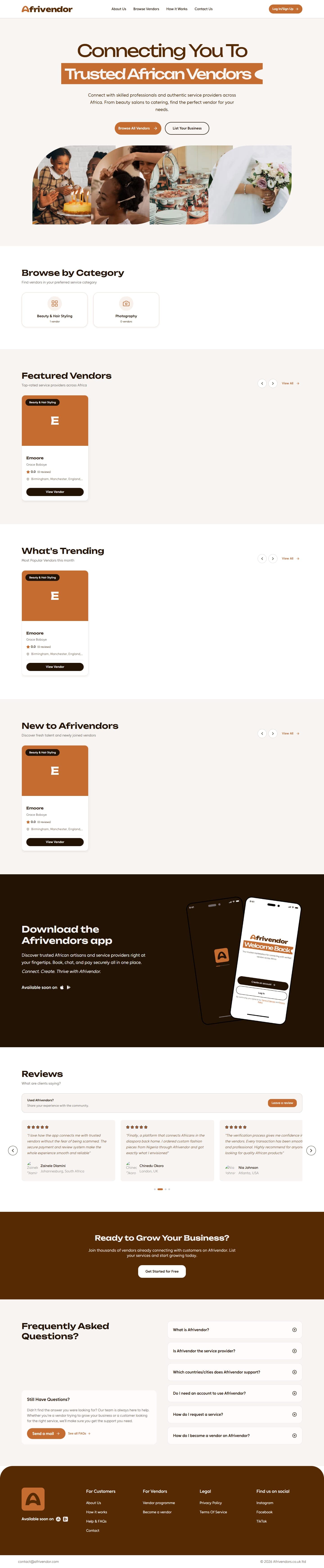 Afrivendor website, full page on desktop