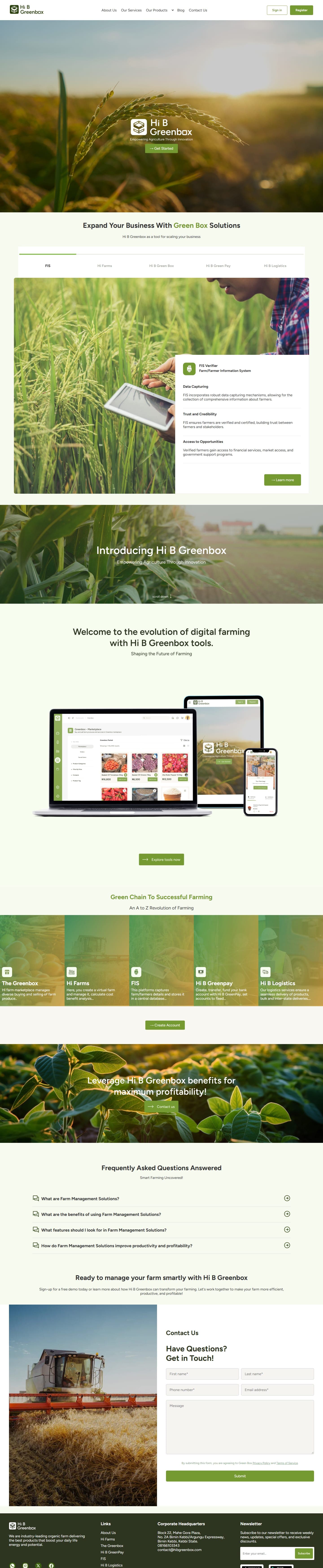 Hi B Greenbox website, full page on desktop
