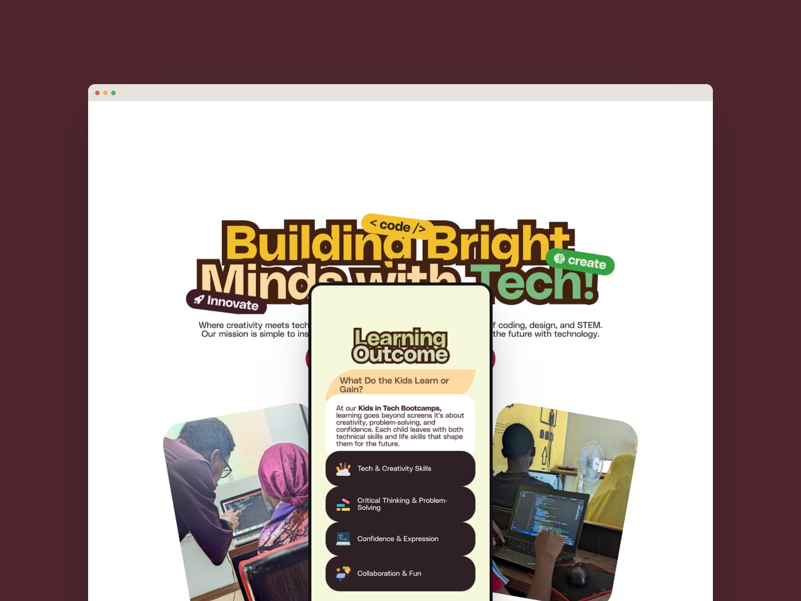Kids in Tech: Starnova Labs' flagship coding bootcamp for children aged 8–18: brand, website and the KITOS learning platform.