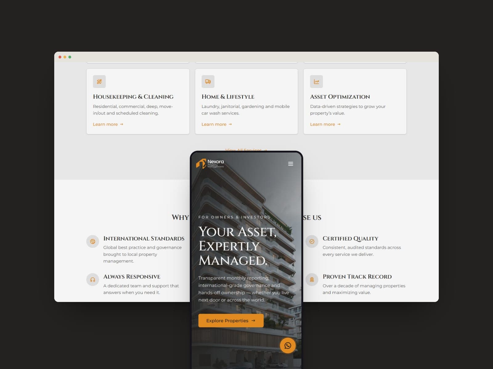 Nexora: A property management platform for a Kampala company: the public site plus role-based dashboards and thirteen admin modules. Lead design + frontend.