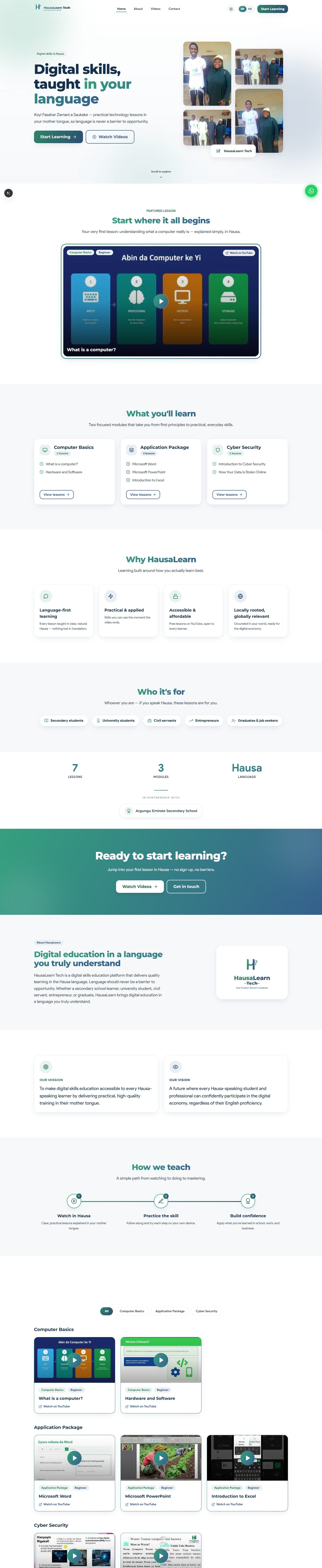 HausaLearn website, full page on desktop