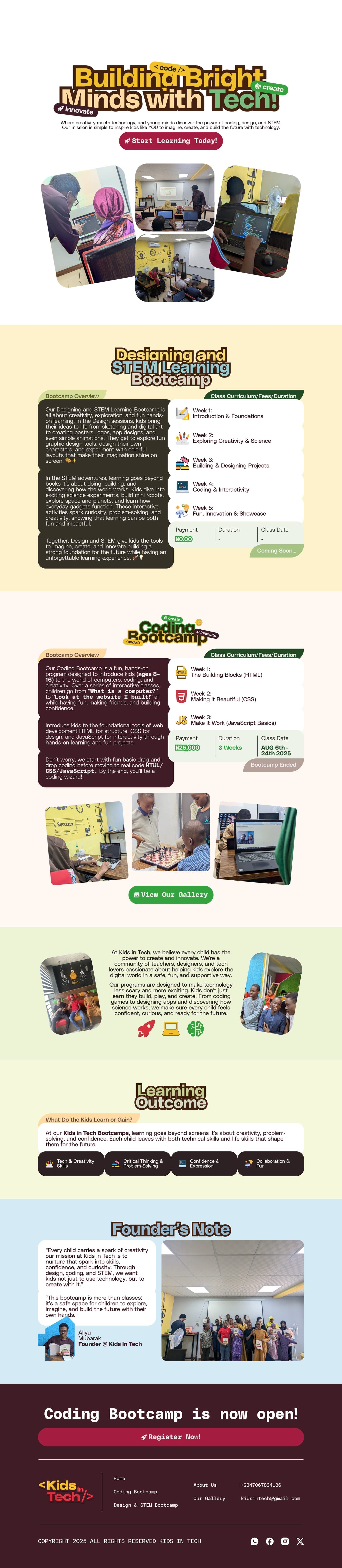 Kids in Tech website, full page on desktop